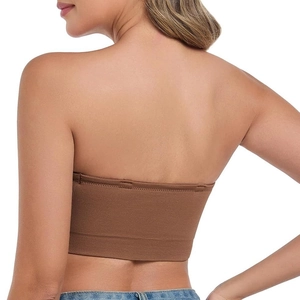 Seamless brown strapless bandeau bra for women with ribbed hem and high elasticity