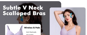 Detail of lavender wireless scalloped bra showing 3D molded pads and soft V-neck design