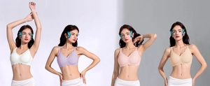 Detail of wireless seamless bras featuring scalloped edges in multiple pastel colors