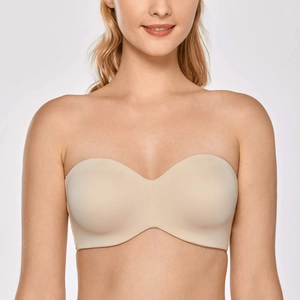 Nude seamless strapless minimizer bra with underwire support for large busts