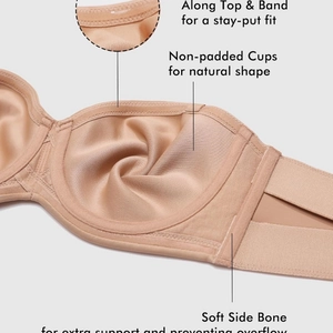 Nude strapless minimizer bra with non-padded cups, soft side bones and anti-slip tape