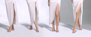 Multiple angles of white high-slit skirt with lightweight fabric for dance and yoga