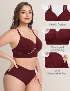 Wine red wire-free bra set with V-neck, W-shape support, and removable pads for women
