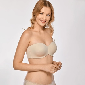 Delimira women's strapless unlined underwire minimizer bra in nude color and sleek fabric
