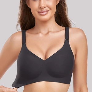 Seamless deep V wireless bra in black with wide straps on model for daily comfort