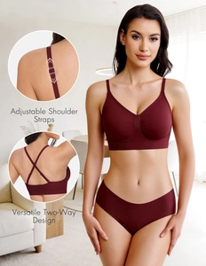 Burgundy seamless wireless bra set with adjustable straps and versatile V-neck design