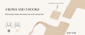 Detail of 4-row 3-hook bra extender with stretchy fabric for seamless back coverage