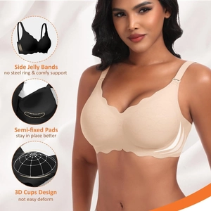 Wireless scalloped bra in beige with 3D cups and jelly strip support for comfort