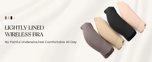 Flat lay of seamless wireless bras in four neutral colors with soft fabric and thin pads