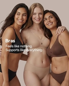 Three women wearing seamless jelly bras with teardrop cutout detail and thin straps