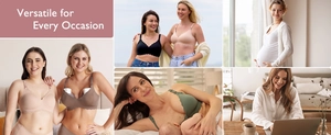 Detailed views of seamless nursing bras in multiple colors for pregnancy and breastfeeding