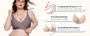 Dettaglio dei bordi ondulati senza cuciture e delle spalline antiscivolo su reggiseno curvy