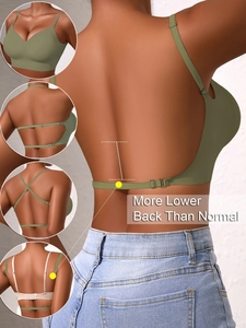 Detail showing four multi-way backless bra wearing styles in olive green seamless fabric