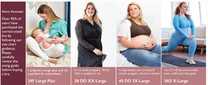 Size guide for nursing bras showing diverse body types and fit recommendations