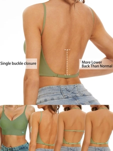 Deep V backless wireless bra with single buckle closure and seamless stretch fabric