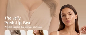Detail view of skin-toned wireless jelly push-up bra with V-neckline and seamless finish