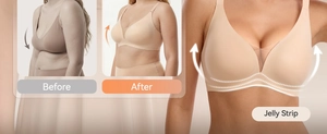Visual before and after effect of wire-free bra featuring jelly strip support technology