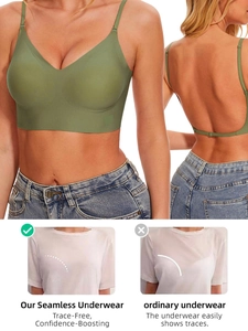 Seamless backless army green brille with thin straps shown under a white t-shirt