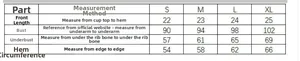 Detailed size chart for backless seamless bra with measurements for S, M, L, XL sizes