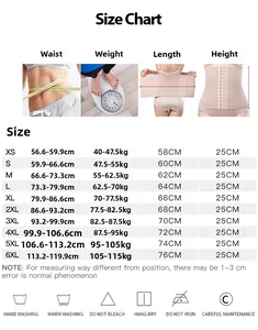 Detailed size chart for postpartum waist trainer including measurements from XS to 6XL