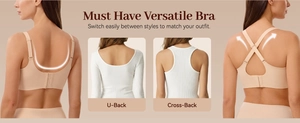 Detailed view of women's seamless bra featuring convertible U-back and cross-back straps