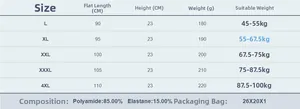 Size chart for waist trainer showing dimensions and material 85% polyamide 15% elastane