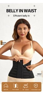 Front view of black waist trainer with mesh texture and multi-hook closure for support