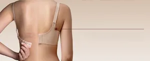 Detail showing upgraded custom wide straps on seamless nude bra for shoulder pressure relief