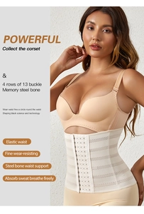 Detail view of waist cincher with 4-row 13-column steel buckles and breathable mesh