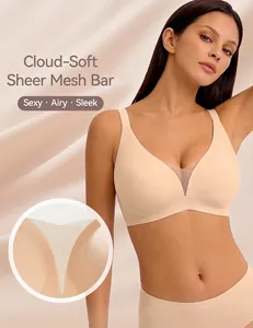 Seamless nude wireless bra with sheer V-mesh neckline and matching panties for women