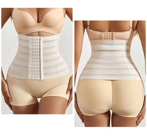 Detail view of breathable waist trainer with multi-row hook-and-eye closure and mesh fabric