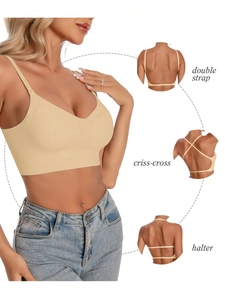 Seamless V-neck bra with adjustable straps for double, criss-cross, and halter styles