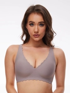 Front view of seamless jelly bra with elegant scalloped edges in taupe mauve color