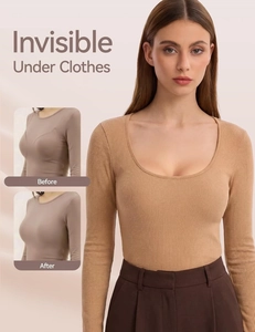 Slim fit long sleeve knit camisole in khaki showing invisible effect under clothes