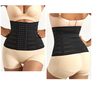 Front and back views of women's black waist trainer with hook-and-eye closure system