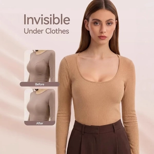 Sleek coffee ribbed bodysuit with deep U-neck and slimming supportive effect