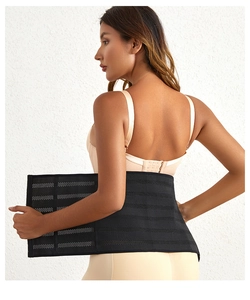 Detail view of black breathable waist cincher with mesh fabric and reinforced support ribs