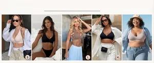 Multiple women showing comfortable seamless deep V-neck bras in various colors and sizes