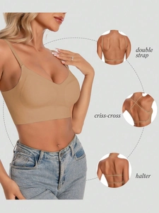 Seamless backless bra with adjustable straps shown in halter and criss-cross styles