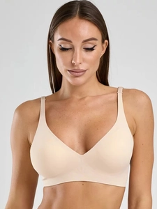 Gros plan du soutien-gorge sans coutures col V profond en gelée sans armature couleur chair