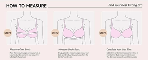 Size guide showing how to measure over bust and under bust to calculate bra cup size