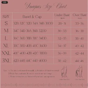 Size chart for women's V-neck wireless push-up bra showing measurements from S to 3XL
