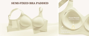 Detail of wireless bra featuring supportive jelly stripes and semi-fixed padded design