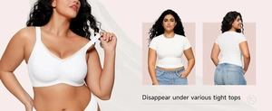 Plus size seamless white V-neck bra showing invisible effect under tight clothing