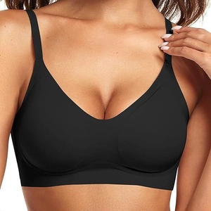 Seamless black wire-free sports bra with wide straps and smooth butter-soft fabric