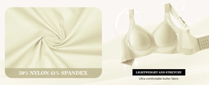 Detail of soft breathable beige bra fabric showing 59% nylon and 41% spandex blend
