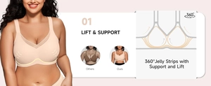 Detail of seamless wire-free bra with 360-degree jelly strip lift and support technology