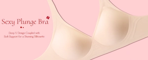 Detail of seamless deep V wireless bra in beige featuring soft support and smooth fabric