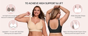 Detail of plus size wireless bra featuring 360-degree jelly strip support technology