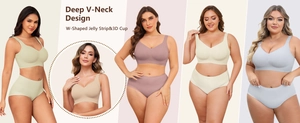 Detail view of seamless wireless V-neck bras with 3D cups and support in various colors
